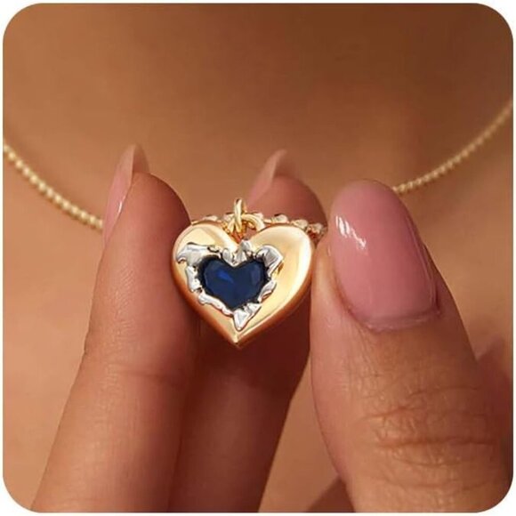 Gold Heart Necklace for Women 14K Gold Plated Birthstone Necklace Charm Heart Pe - Picture 1 of 6